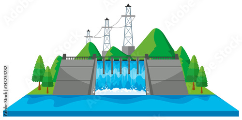 Scene with dam and electric towers in 3D design