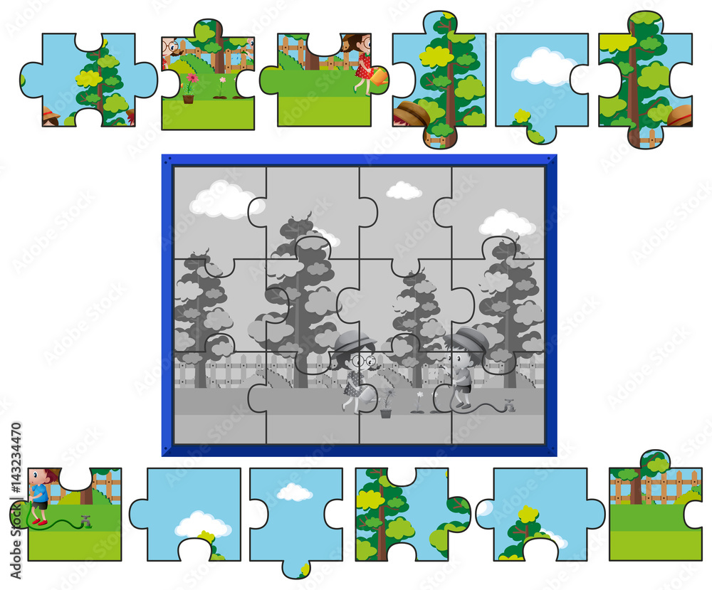 Jigsaw puzzle game with kids watering plants Jigsaw puzzle game with kids watering plants