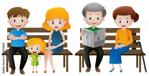 People in family sitting on bench