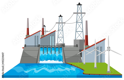Dam scene with wind turbines
