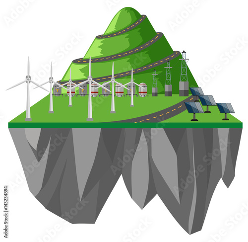 Wind turbines and solar cells near the mountain