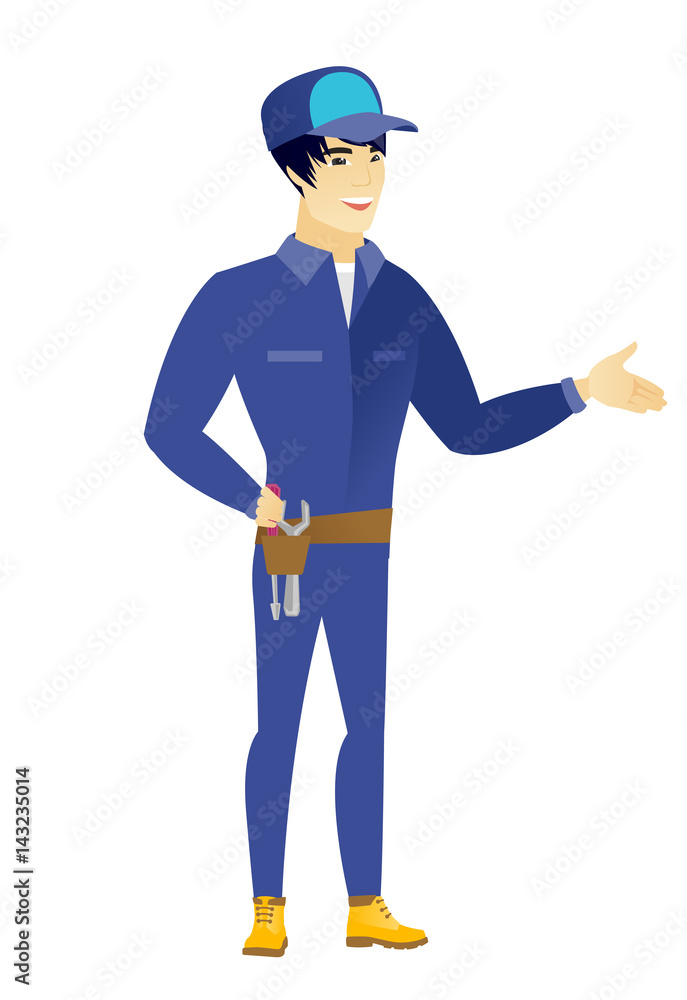 Mechanic with arm out in a welcoming gesture. Mechanic with arm out in a welcoming gesture.