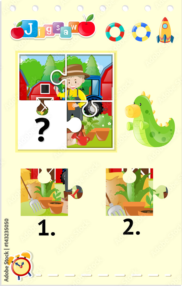Fototapeta premium Jigsaw puzzle game with farmer in garden