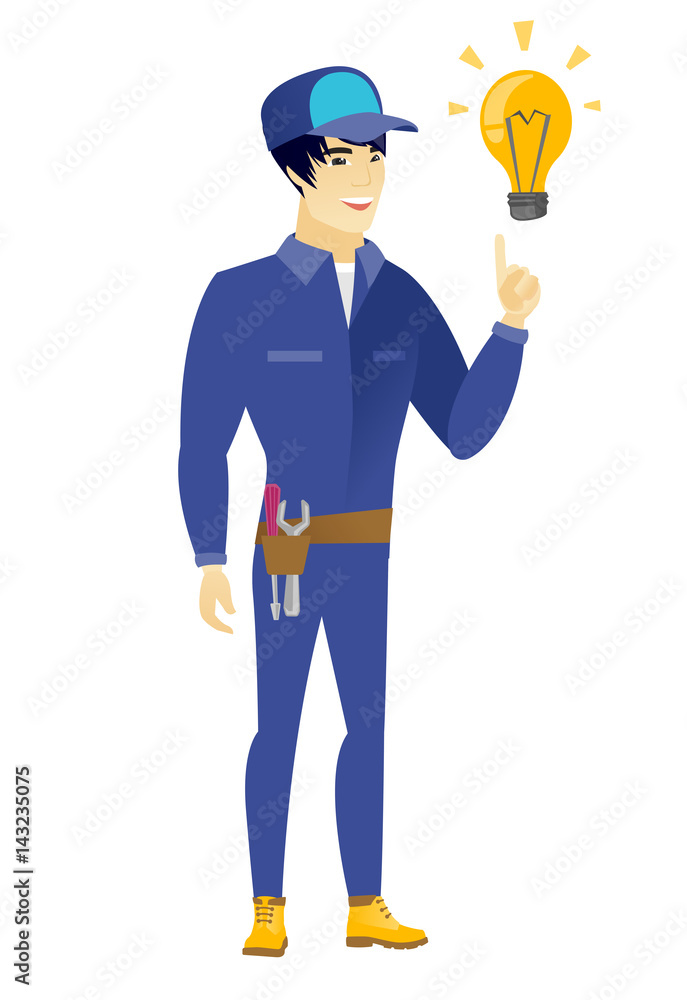 Mechanic pointing at bright idea light bulb. Mechanic pointing at bright idea light bulb.