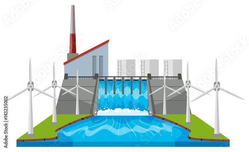 Dam and wind turbines by the river