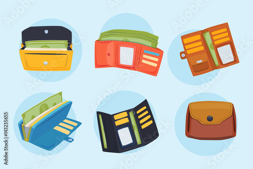 Purse wallet with money vector ico for shopping buy business financial payment bag and accessory object trendy cash wealth vector illustration.