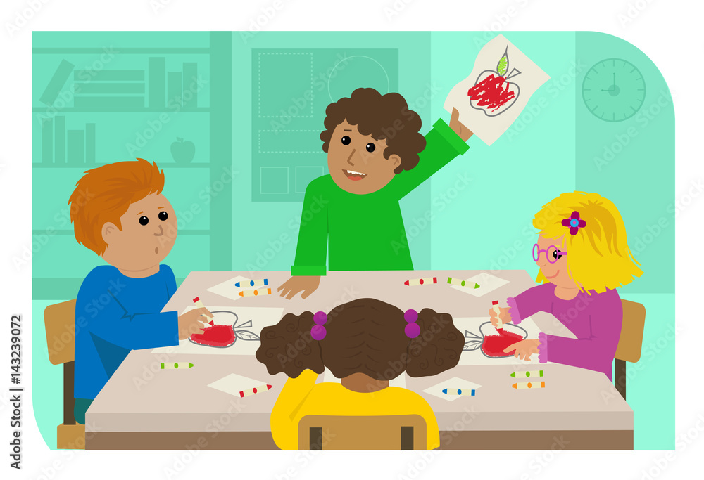 Kids Activity - Elementary kids are sitting around the table and coloring a picture of an apple. Eps10 Kids Activity - Elementary kids are sitting around the table and coloring a picture of an apple. Eps10