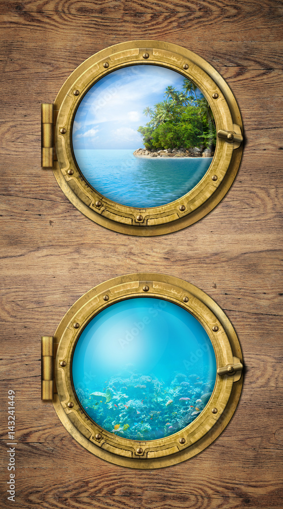 Two ship windows with ocean tropical island and underwater deep Two ship windows with ocean tropical island and underwater deep
