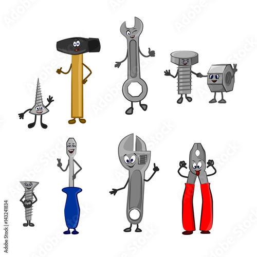 Cute cheerful set of vector tools with arms and legs. Funny characters - Screws, Confirmat, bolt, nut, hammer, screwdriver, adjustable wrench, pliers - stand and smile