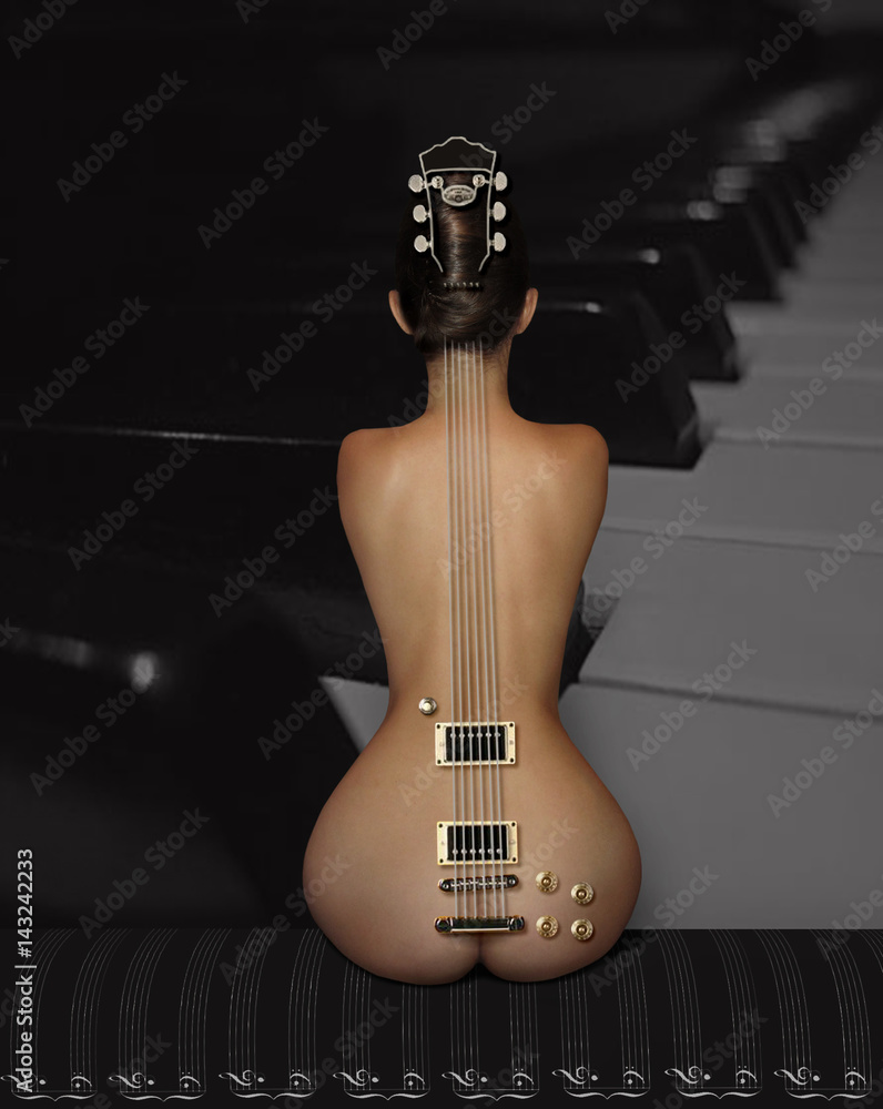 Invalidez Gestionar emocional The naked back of a beautiful girl looks like a real guitar. She is sitting  on a sheet of music paper and looking at piano keys. foto de Stock | Adobe  Stock