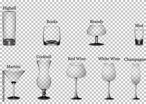 Set of transparent glasses goblets, vector icon