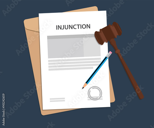 Injuction text on stamped paperwork illustration with judge hammer and folder document with blue background