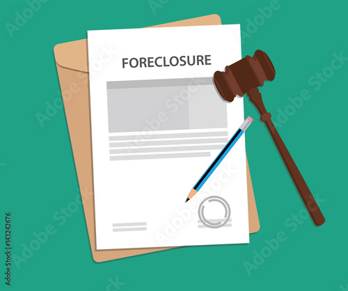 Foreclosure text on stamped paperwork illustration with judge hammer and folder document with green background photo