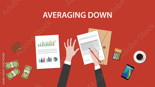 illustration of a man writing analysis for averaging down on paperwork with red pencil and money, calculator and folder document on top of table