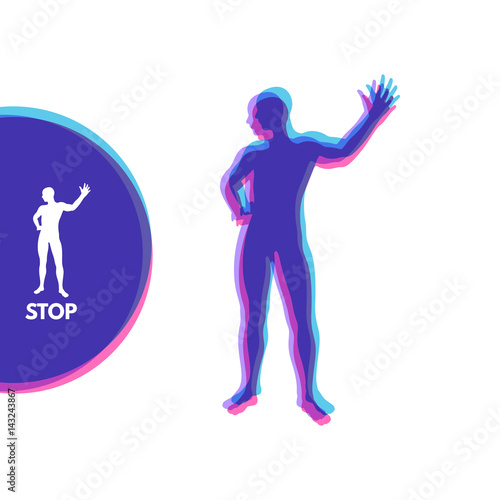 Vector man with hand up to stop. Human showing stop gesture. Silhouette of a standing man. Vector illustration. 
