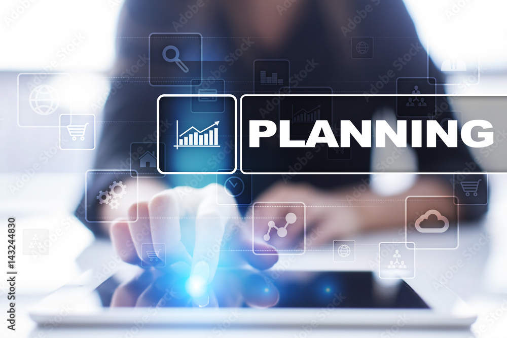 Woman using tablet pc, pressing on virtual screen and selecting planning. Woman using tablet pc, pressing on virtual screen and selecting planning.