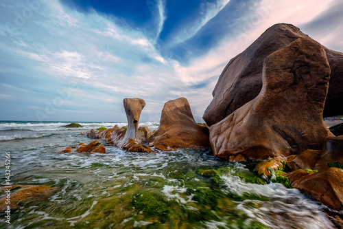 The beach with stones shapes in Co Thach district, Binh Thuan province, Vietnam.