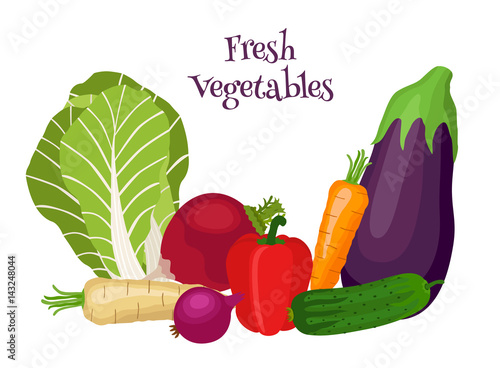 Fresh vegetables - bok choy, eggplant, carrot, cucumber, onion, bell pepper.