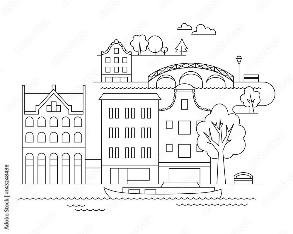 Vector city illustration in linear style - buildings and clouds - graphic design template. Coloring book