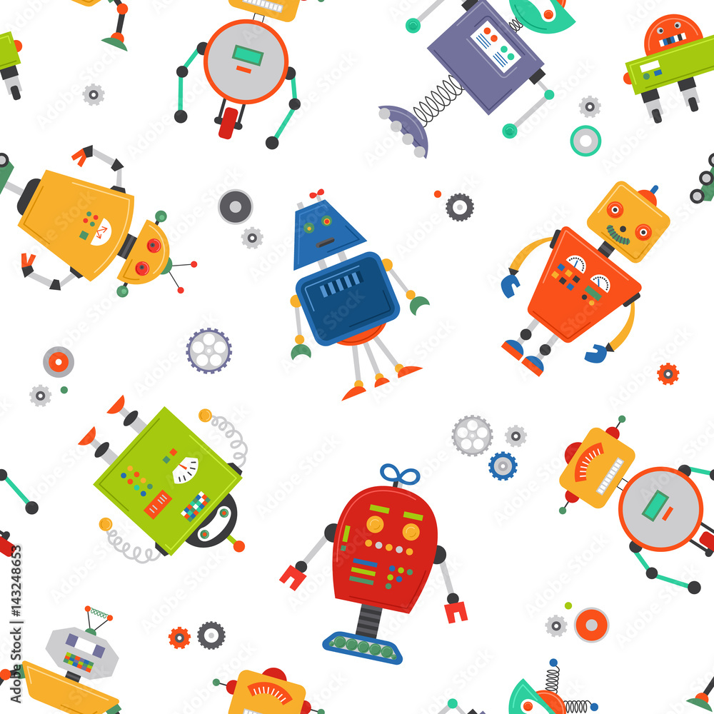 Robots seamless pattern. Children robo background. Color cute kids pattern Robots seamless pattern. Children robo background. Color cute kids pattern