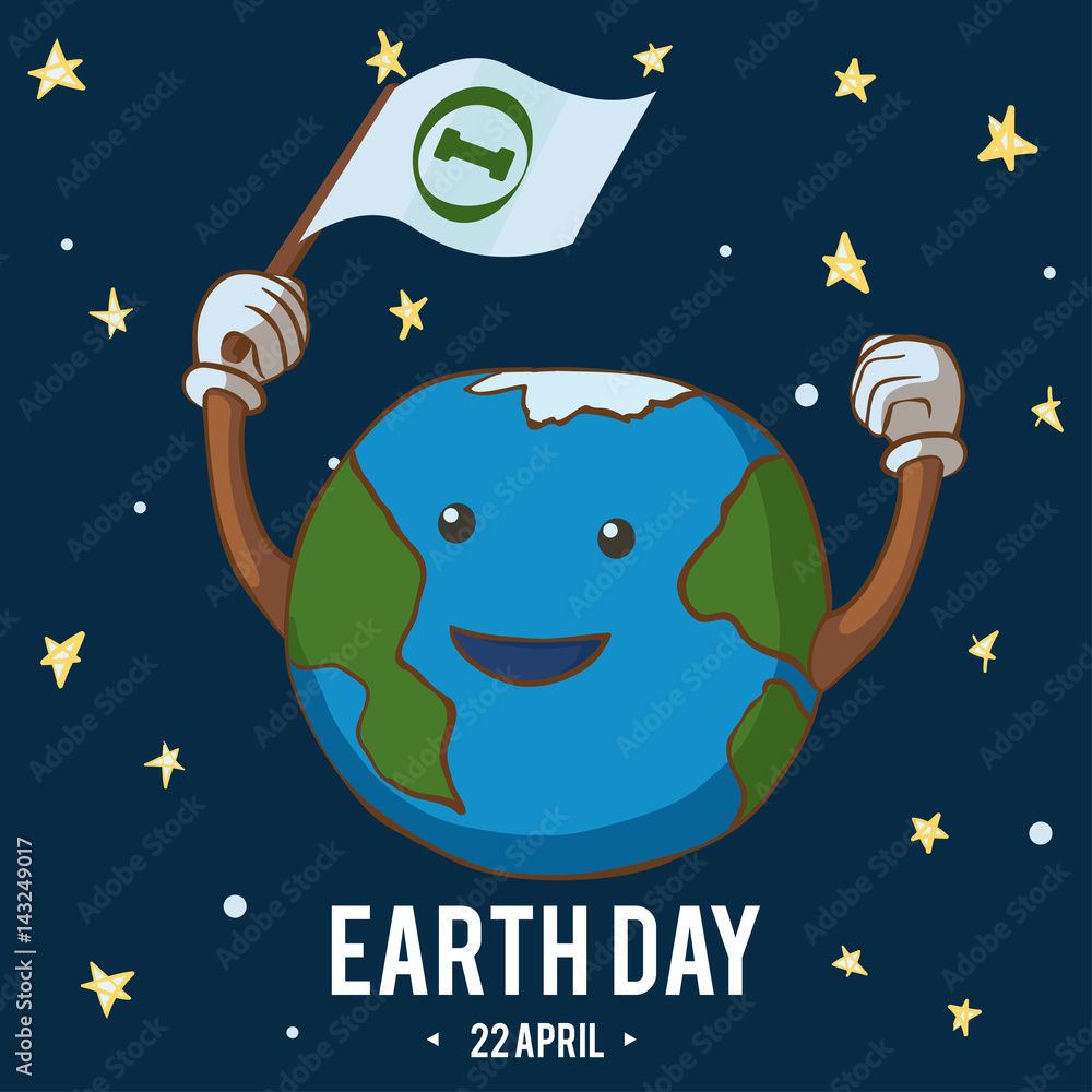 Cartoon Earth Illustration. Earth Day Poster. On dark background. Happy waving flag