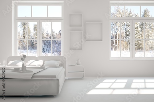 White bedroom with winter landscape in window. Scandinavian interior design. 3D illustration