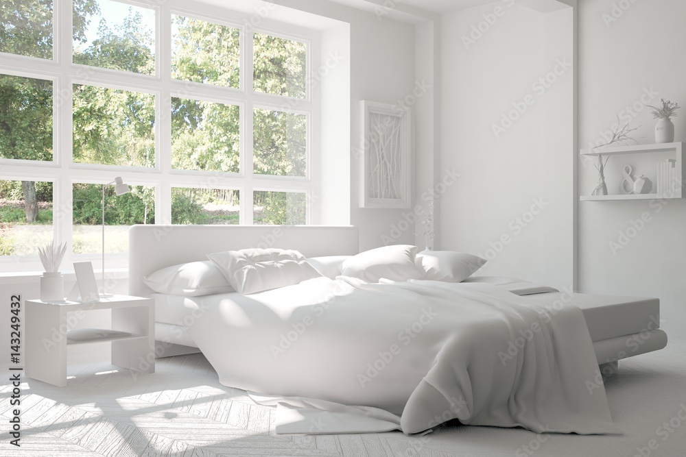 Fototapeta premium White bedroom with green landscape in window. Scandinavian interior design. 3D illustration
