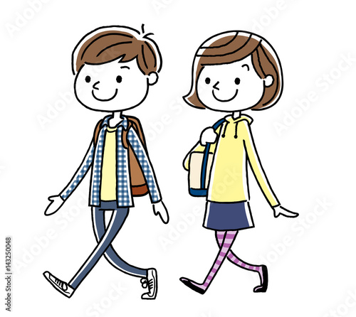 男の子と女の子：歩く
