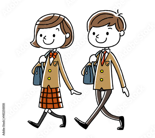 男子学生と女子学生：歩く