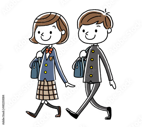 男子学生と女子学生：歩く
