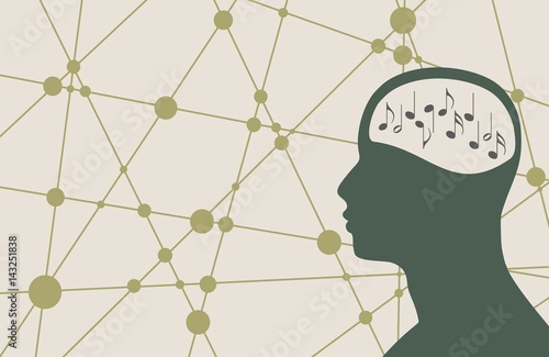 Silhouette of a man's head with music notes. Mental health relative brochure, report or flyer design template. Scientific medical designs. Connected lines with dots. Vector illustration