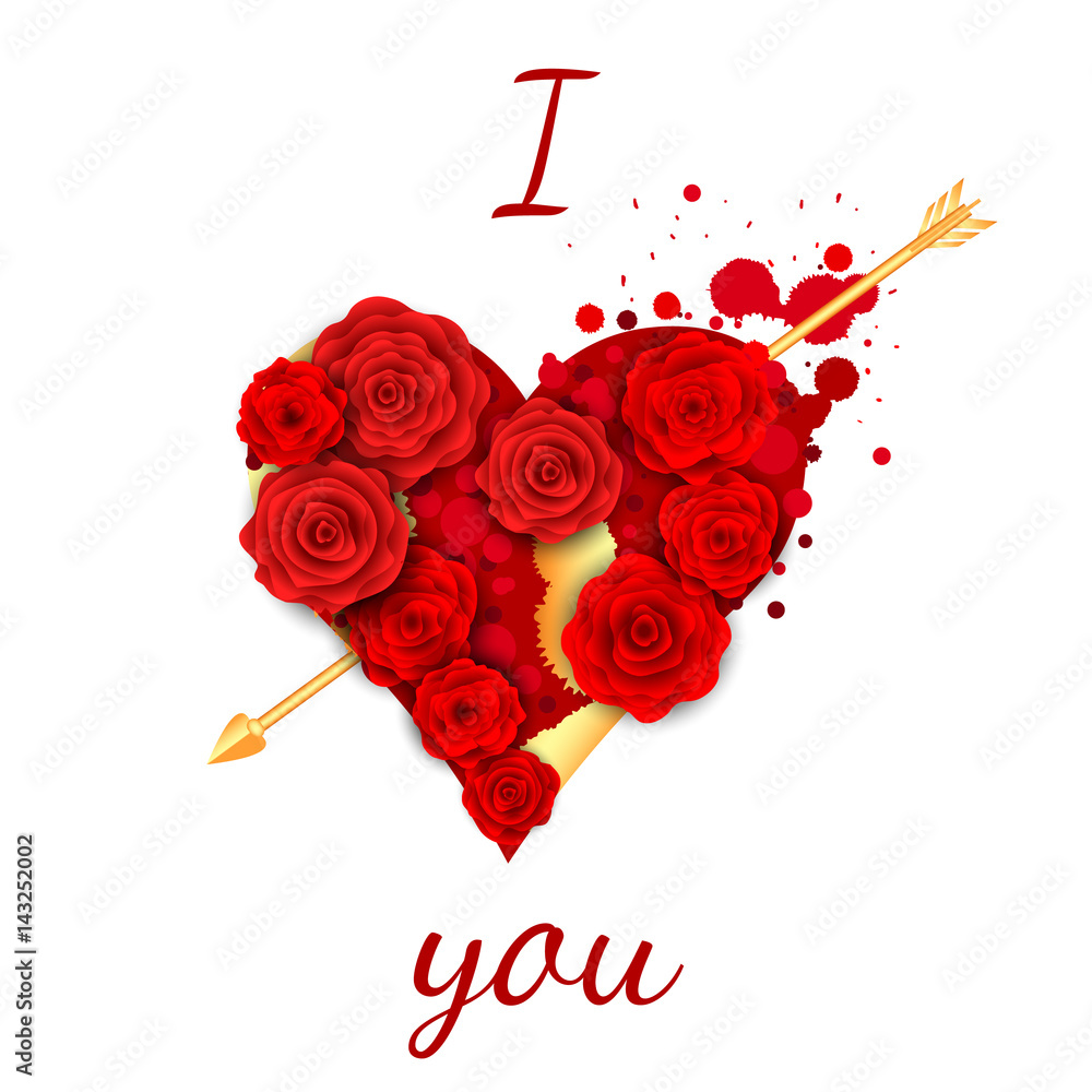 love initial with red heart and rose Stock Vector