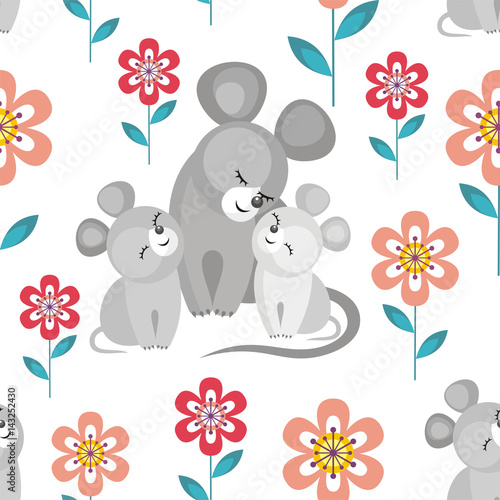 Mother’s day seamless pattern. Children's vector background in cartoon style with the image of cute animals and their cubs. photo