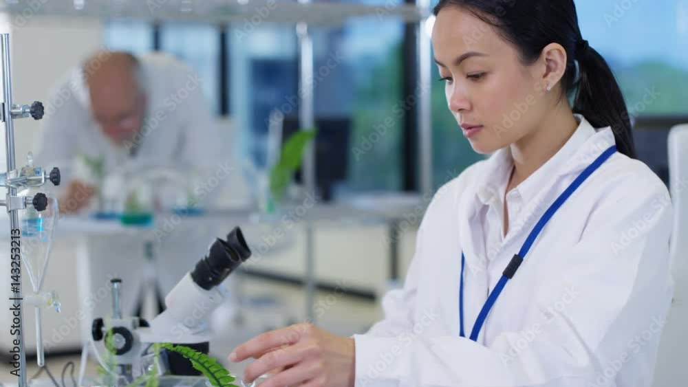Biology research scientist working in lab & analyzing plant samples. Biology research scientist working in lab & analyzing plant samples.