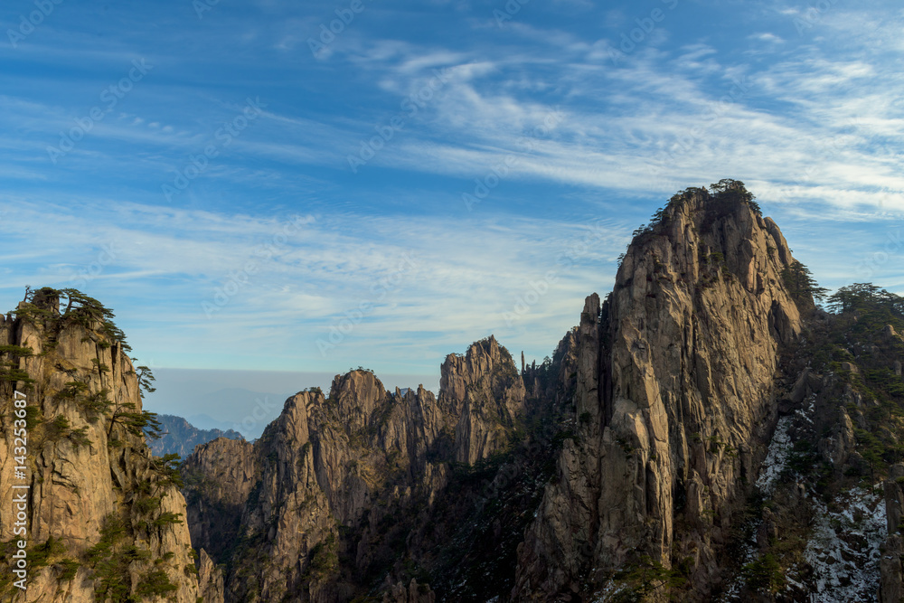 Landscape of Huangshan (Yellow Mountains). Huangshan Pine trees. Located in Anhui province in eastern China. It is a UNESCO World Heritage Site, and one of China's major tourist destinations.