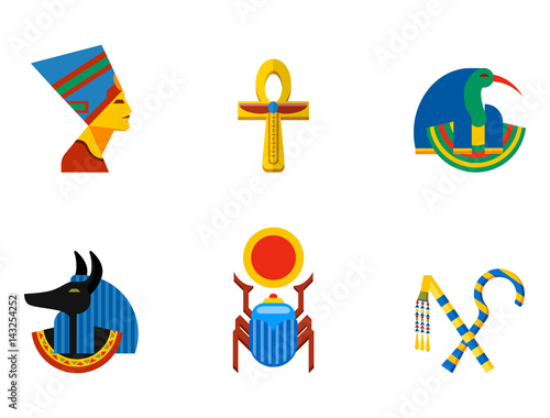 Set of vector flat design egypt travel icons culture ancient elements illustration.