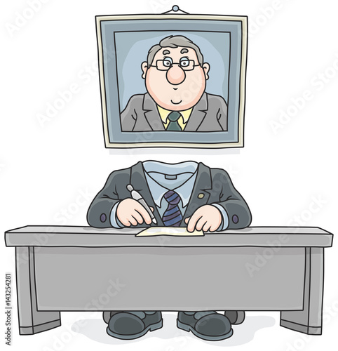 Bureaucrat without a head at table signing documents