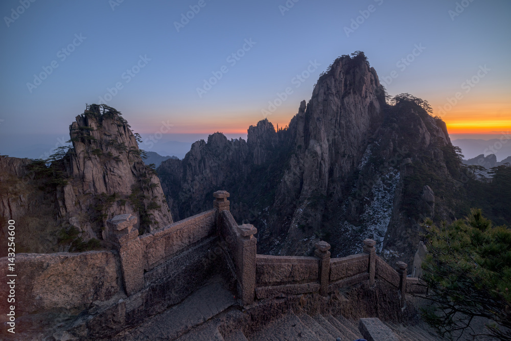 Landscape of Huangshan (Yellow Mountains). Huangshan Pine trees. Located in Anhui province in eastern China. It is a UNESCO World Heritage Site, and one of China's major tourist destinations.