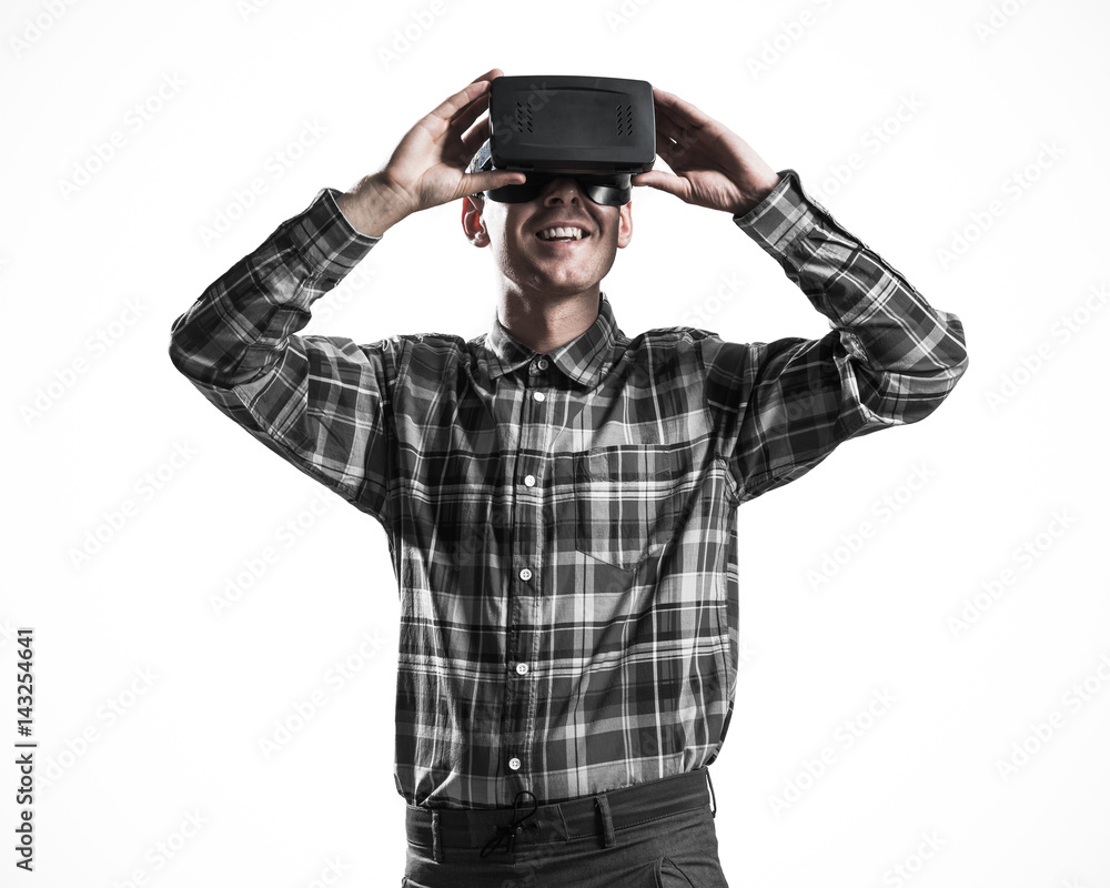Guy wearing checked shirt and virtual mask demonstrating some em Guy wearing checked shirt and virtual mask demonstrating some em