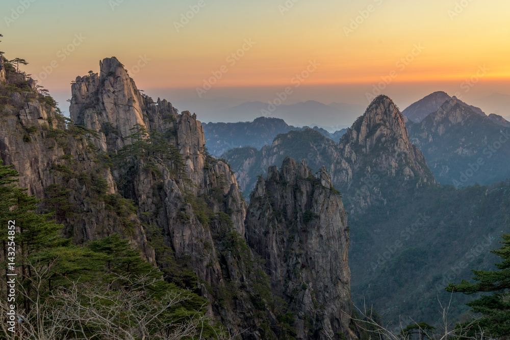 Landscape of Huangshan (Yellow Mountains). Huangshan Pine trees. Located in Anhui province in eastern China. It is a UNESCO World Heritage Site, and one of China's major tourist destinations.