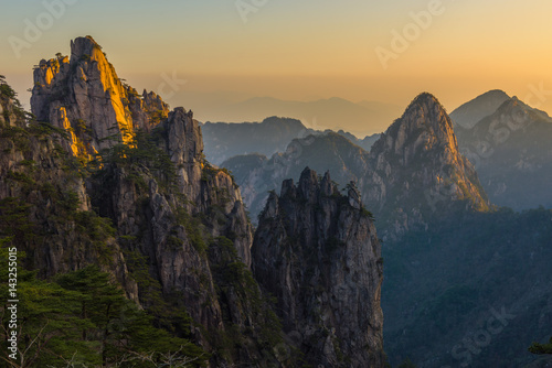 Landscape of Huangshan (Yellow Mountains). Huangshan Pine trees. Located in Anhui province in eastern China. It is a UNESCO World Heritage Site, and one of China's major tourist destinations.