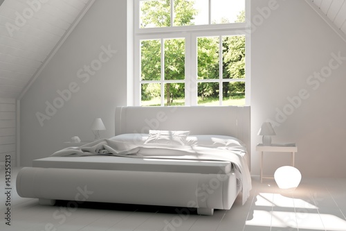 White bedroom with green landscape in window. Scandinavian interior design. 3D illustration