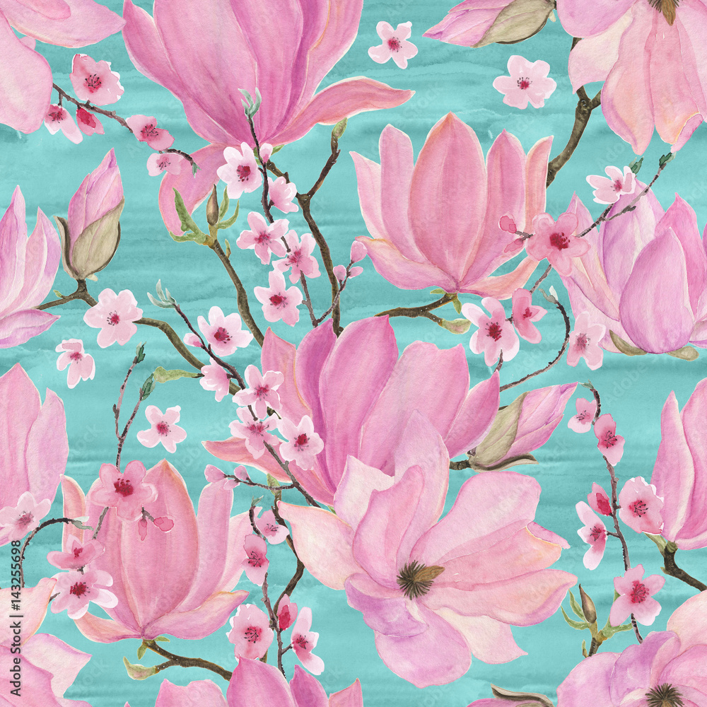 Obraz premium Watercolor painting seamless pattern with magnolia and cherry flowers on blue background