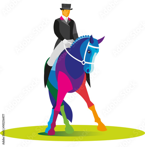 Male in uniform of horserider competes in dressage