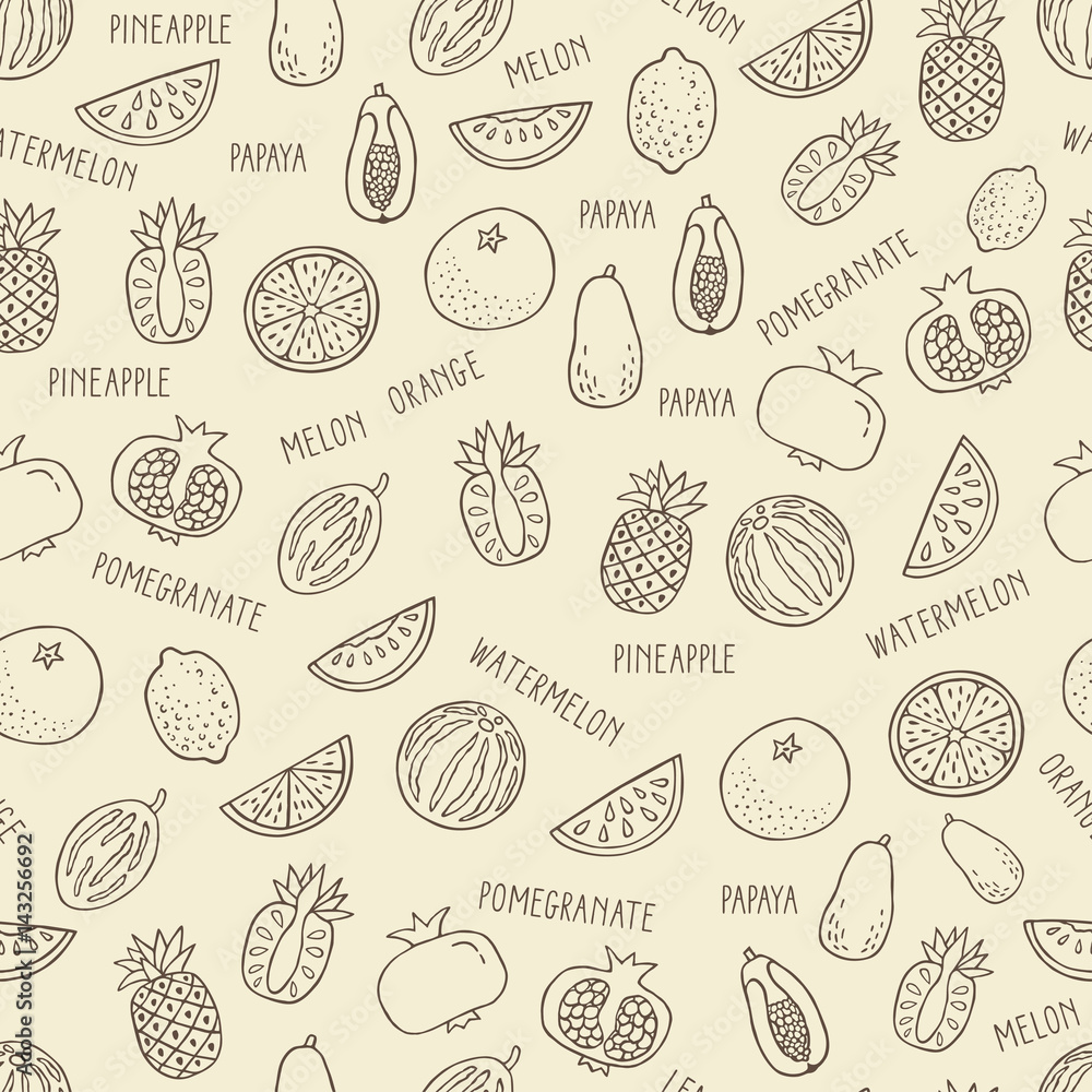 Seamless pattern with hand drawn exotic fruit on beige background Seamless pattern with hand drawn exotic fruit on beige background