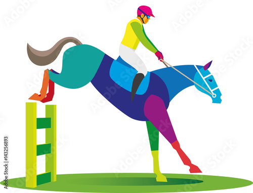 jockey on a horse jumps over a hurdle