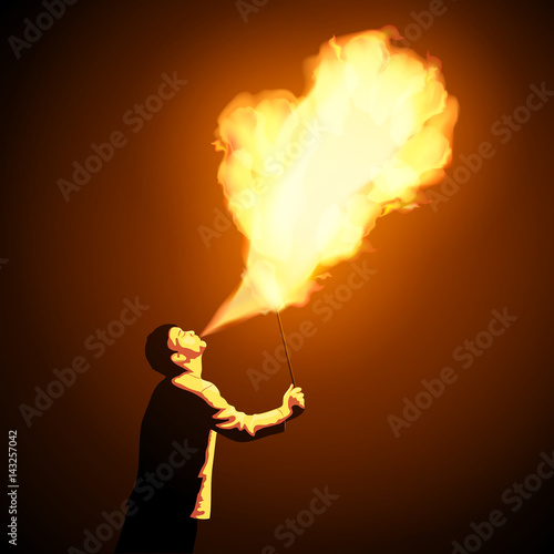 Fire show artist breathe fire in the night. Amazing fire performance. Vector illustration