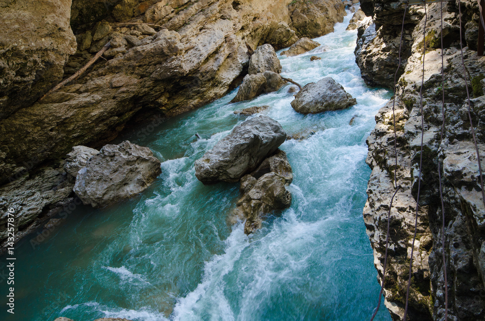 Panorama of beautiful White river in caucasian mountains in Adygea, Russia 23 Region Krasnodar