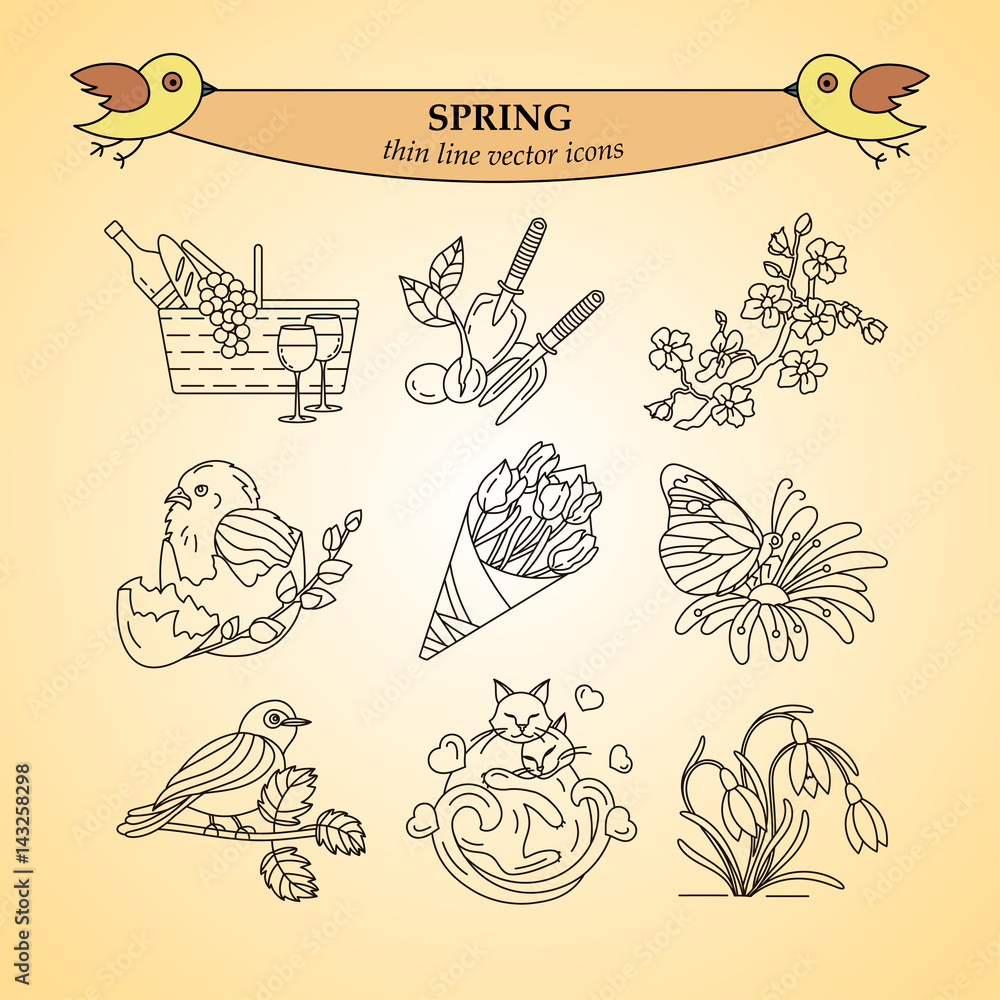 Naklejka premium Spring thin line vector icons.