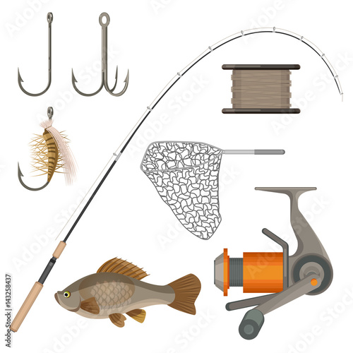 Vector of two hooks, bobbin, landing net, spinning reel, fish-rod